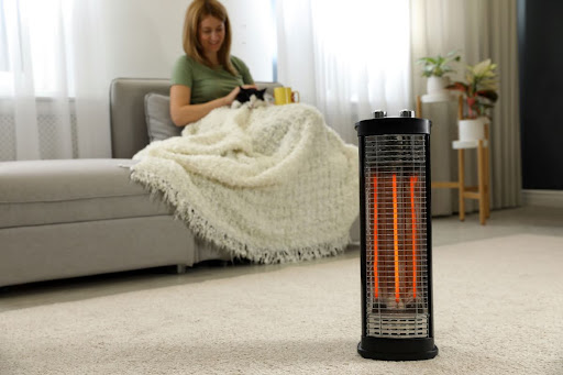 A woman sitting with a cat on a couch with an electric space heater on the floor nearby.